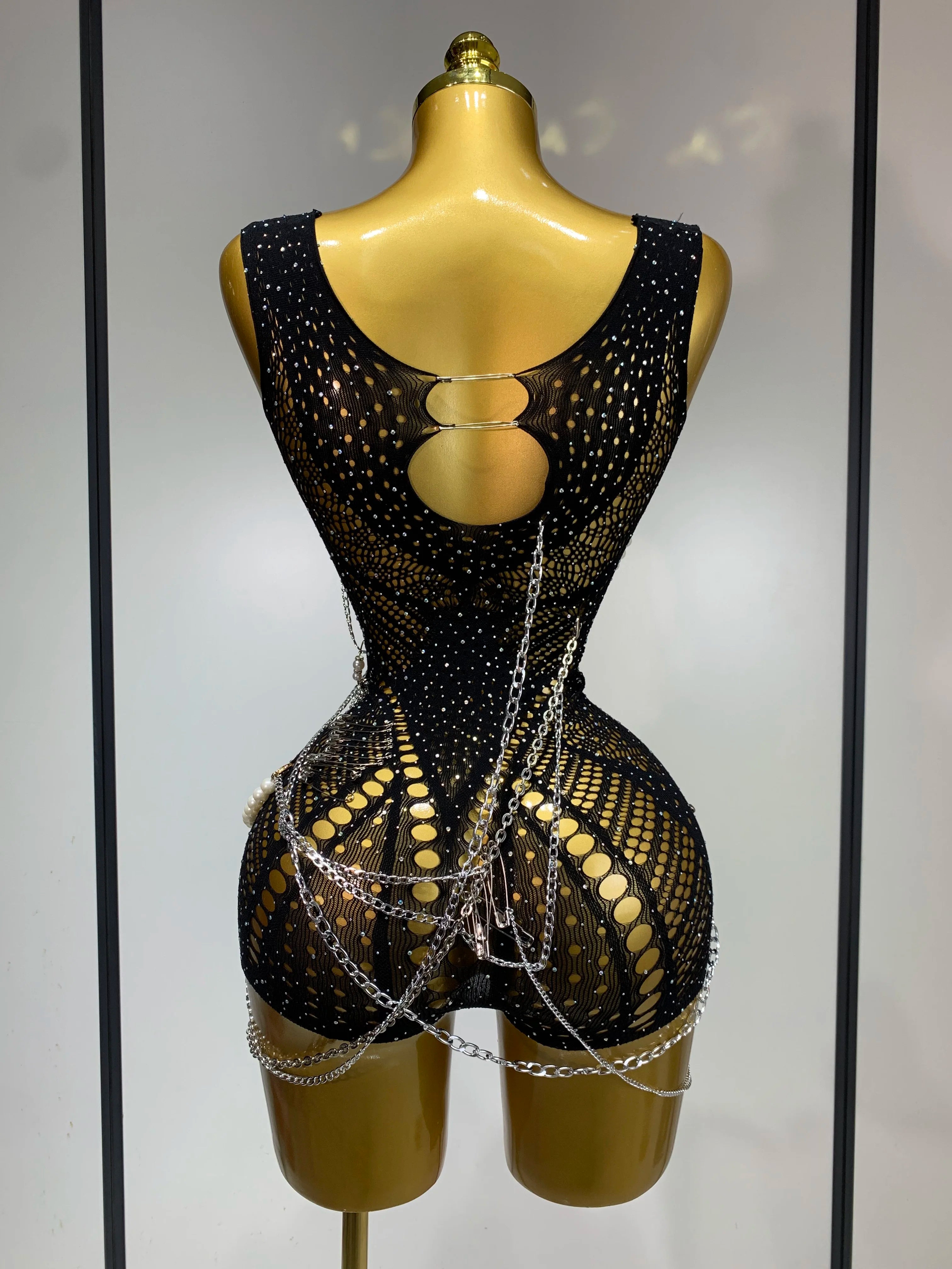 Women Pin Sparkly Crystal Cut Out Sexy Stretch Bodysuit Women Nightclub DJ Clothing Stage Singer Dancer Performance Costume