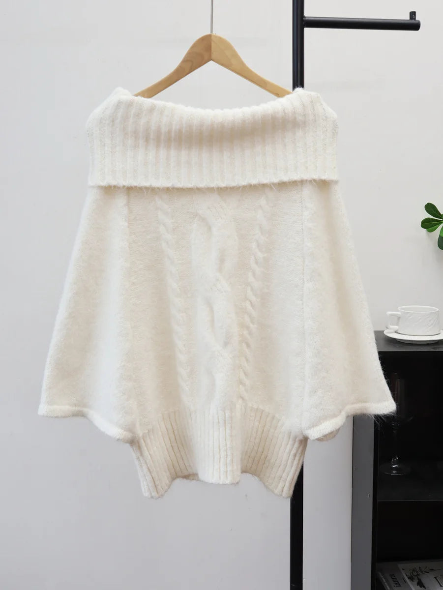 Autumn Winter New Off-Shoulder Design Thickened Cable Knit Cape Sweater Lazy Style Pullover For Women 11A07620 Creamy-white One Size