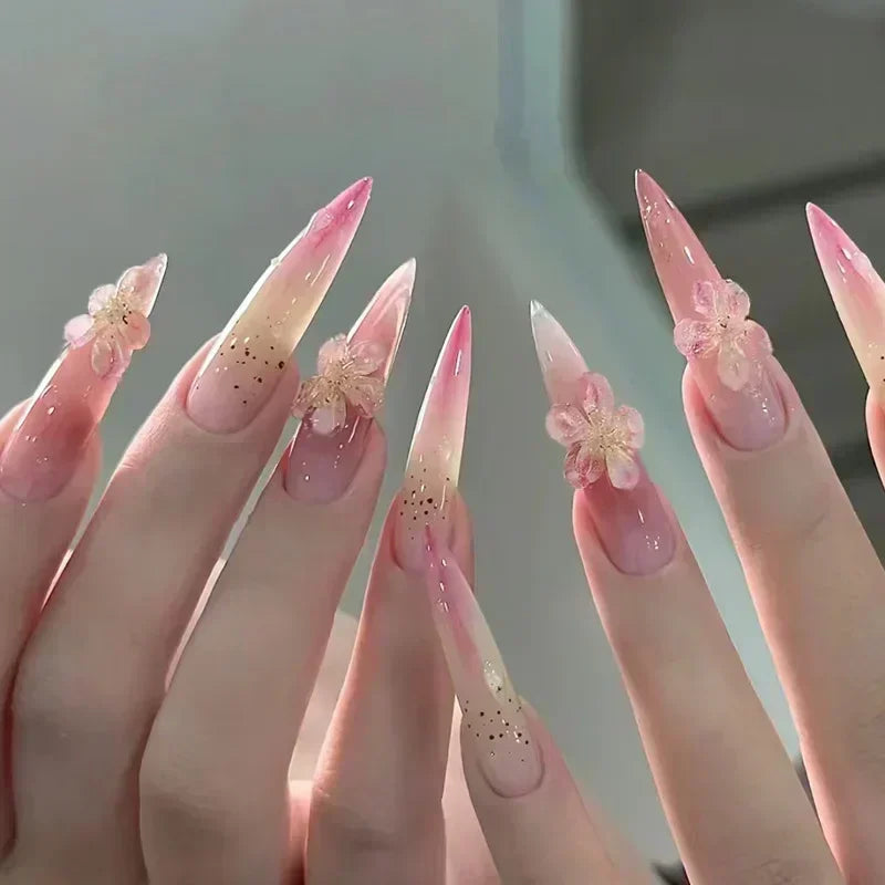 24Pcs French False Nails With Purple Edge Almond Bow Flower Design Detachable Acrylic Fake Nails Long Stiletto Press On Nails