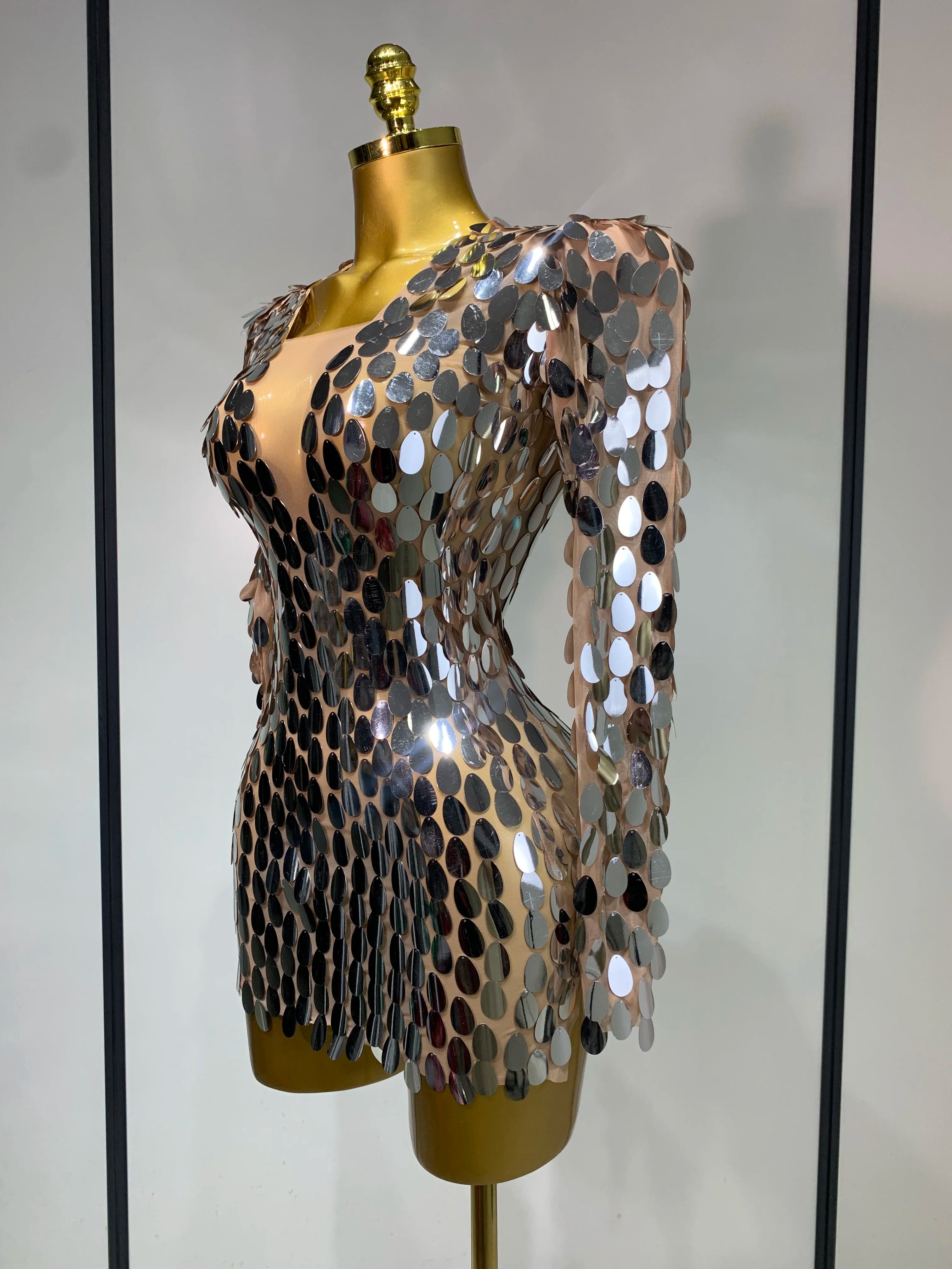 Women Sexy Mesh Stretch Sparkly Sequins Stage Performance Costume Dancer Singer Nightclub Evening Party Luxury Birthday Dress