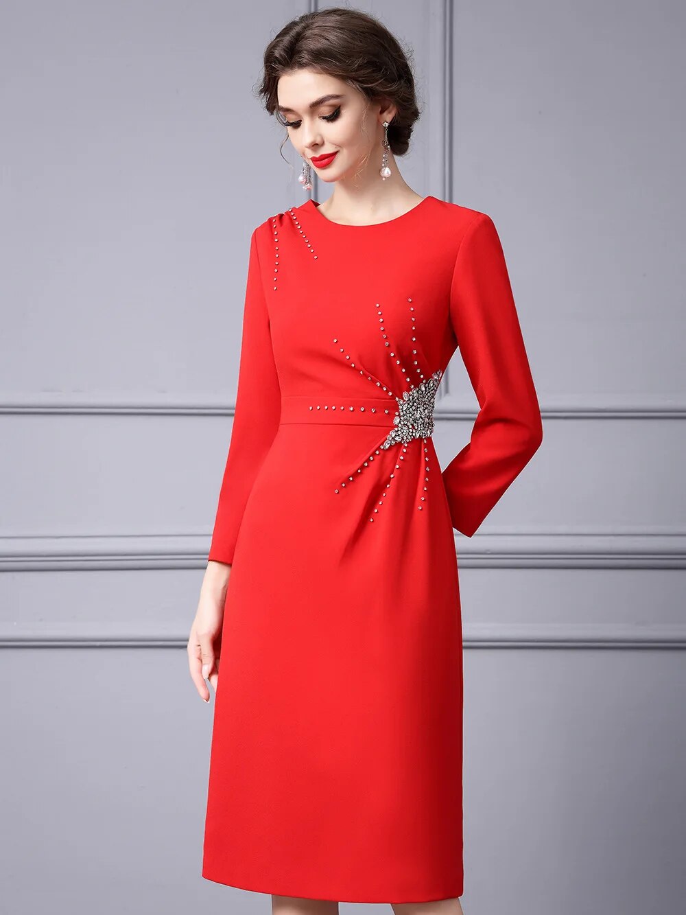 ZJYT Autumn Luxury Diamonds Party Formal Occasion Dresses for Women 2024 Elegant Christmas Red Cocktail Vestidos Fiesta Robe