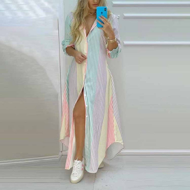 Women Printed Shirt Dress Casual Turn-down Collar Long Sleeve Irregular Maxi Dresses Laides Single Breasted Loose Long dress Color 3