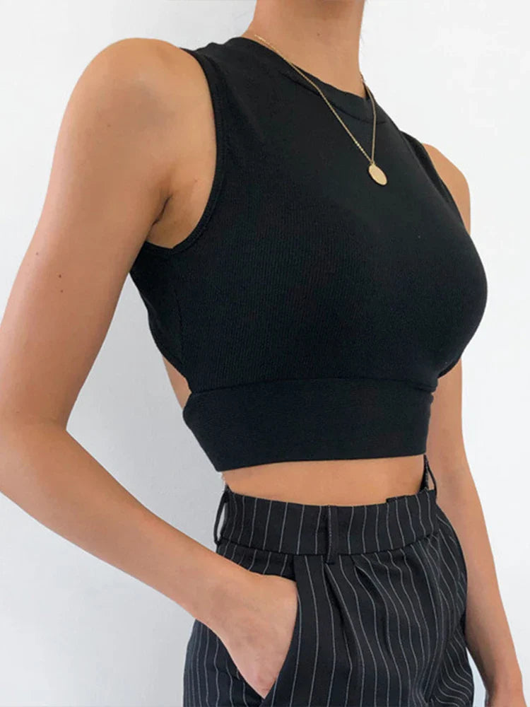 Sexy backless women tank top bandage slim crop top summer casual streetwear tops solid cotton soft criss cross top black