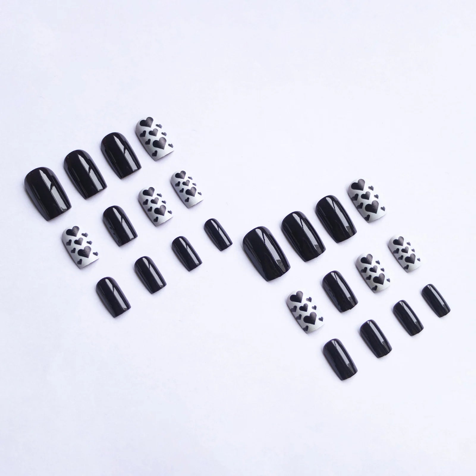 Black Short Square Fake Nails 24Pcs Full Cover Press On Nails Love Heart Printed Cool Girls Valentine's Day Charm Manicure