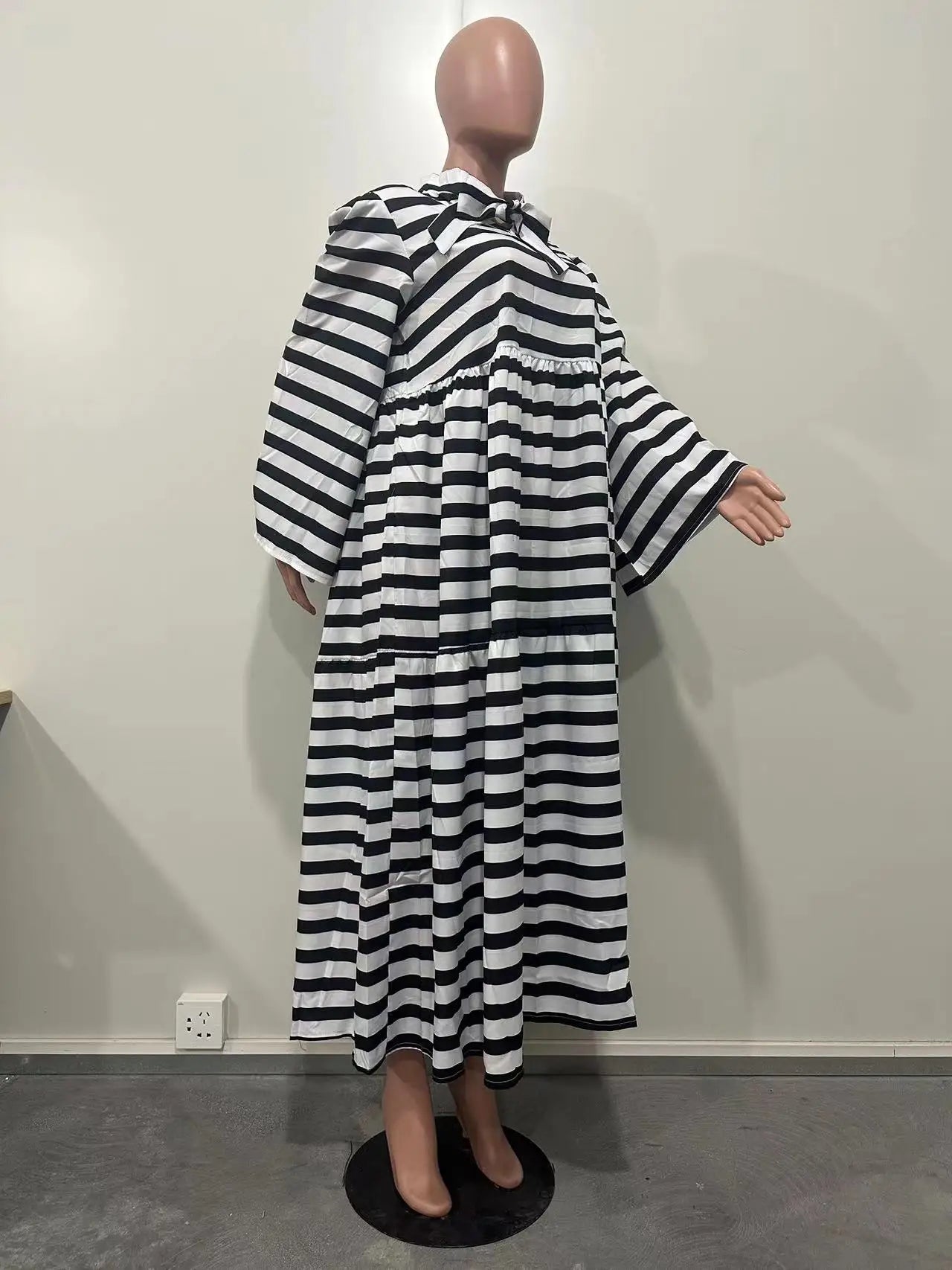 CM.YAYA Vintage Women Striped Bowknot Collar Long Sleeve High Waist Big Swing Babydoll Maxi Long Dress 2023 New Vestidos Dresses