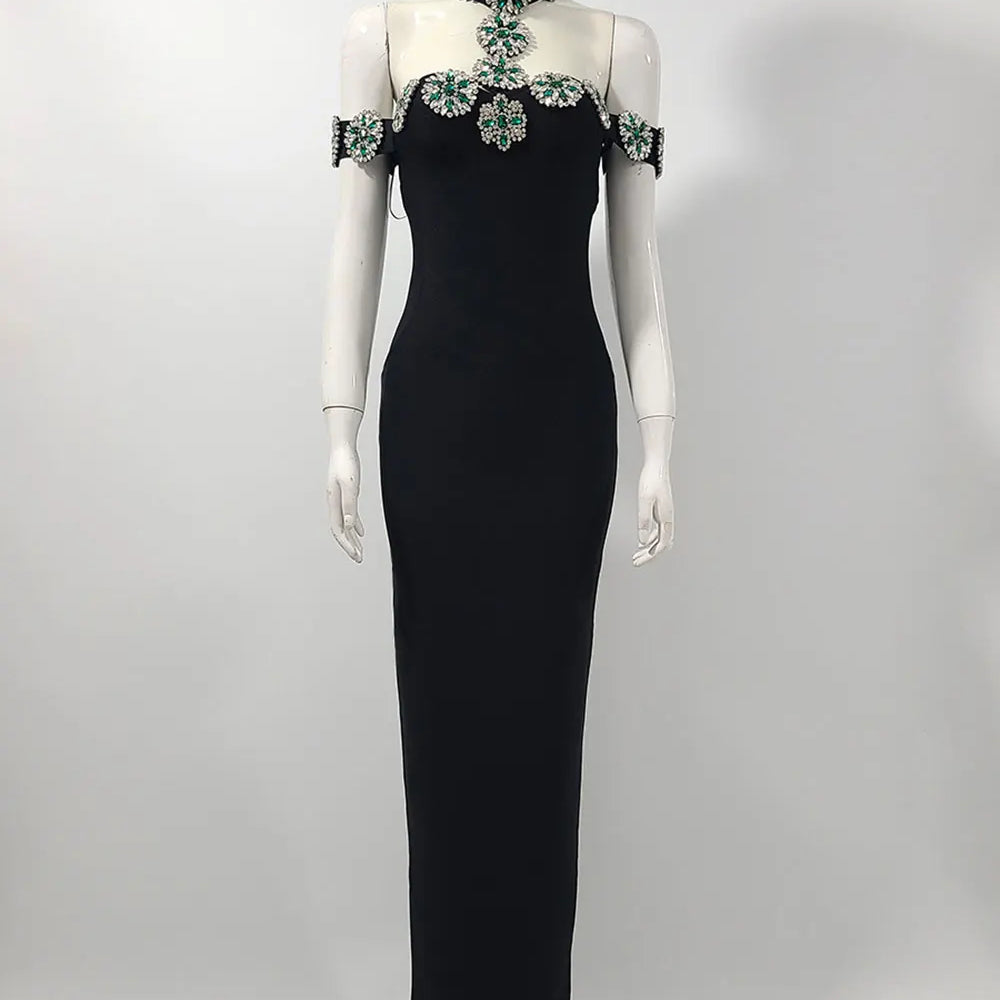 2024 Heavy Industry Beaded Women Sexy Bandage Dress Hanging Neck Style Card Shoulder Sleeve Bodycon Off Back Long Dress Vestidos black