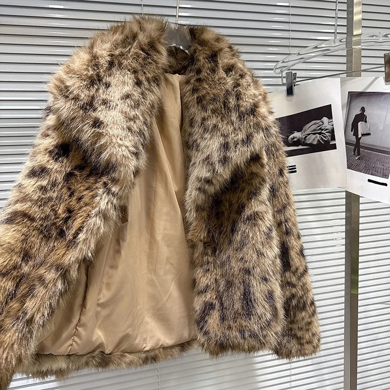 Winter New Fashion Leopard Print Furry Warm Faux Fur Coat For Women Loose Jacket Female Trend 11A07735
