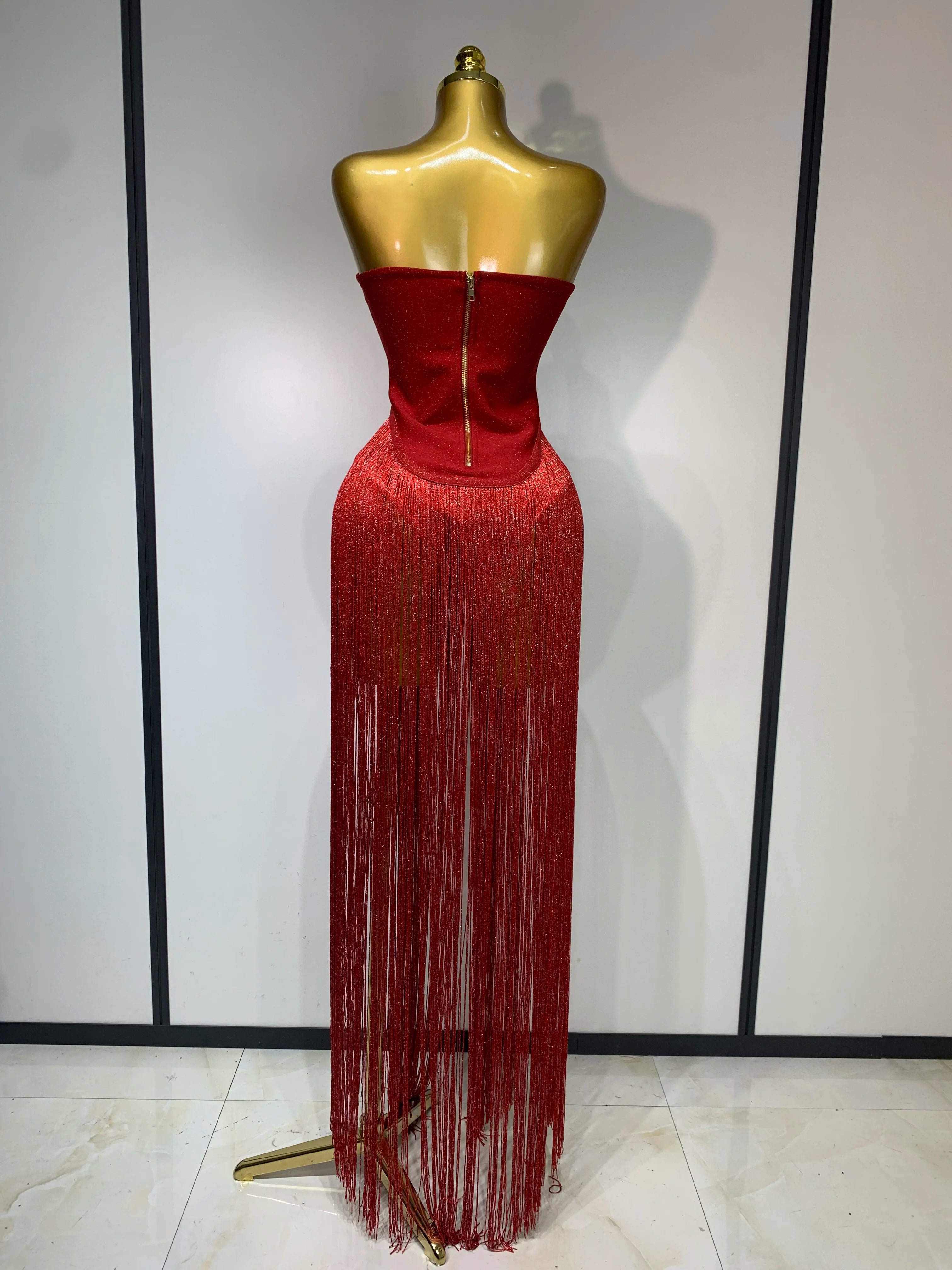 Fashion Design Long Tassel Patchwork Strapless Bandage Bodysuit Women Sexy High Street Evening Party Nightclub Hotwife Outfit