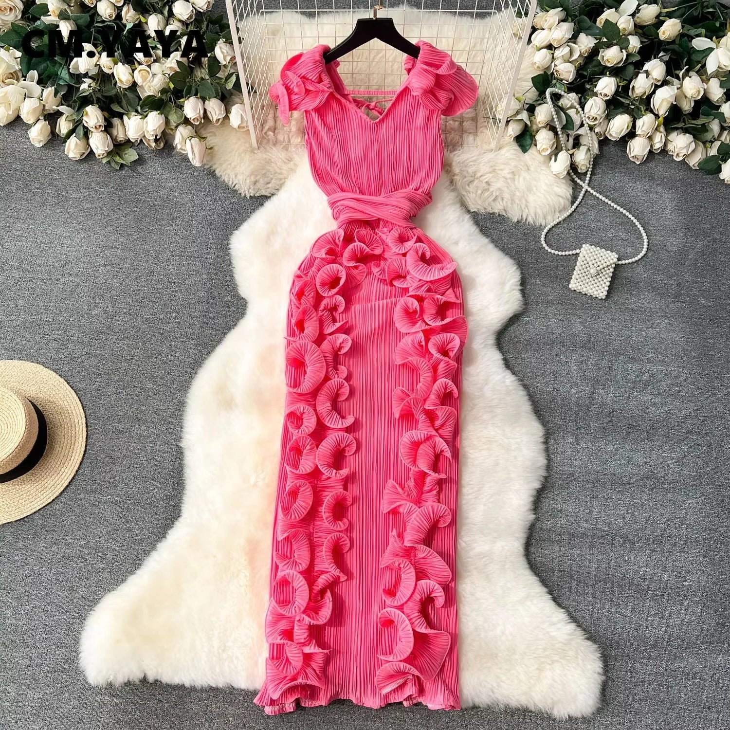 CM.YAYA Women Ruffles Splicing V-neck Sleeveless Bodycon Midi Pleated Maxi Long Dress 2025 Birthday Sexy Club Party Even Dresses Pink One Size