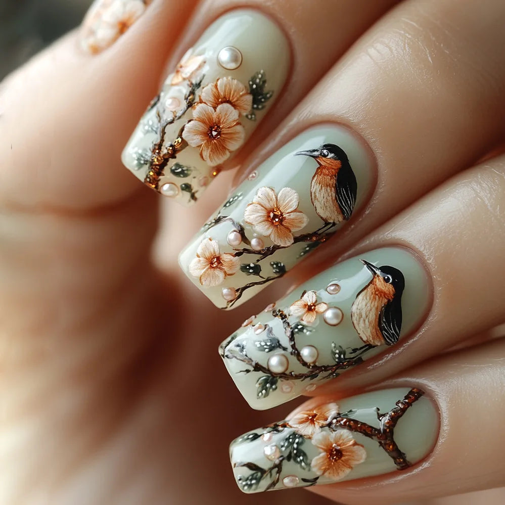 24pcs/set Medium long fake nails yellow dragon flowers feather design for Spring summer Square almond tips press on false nail 2222