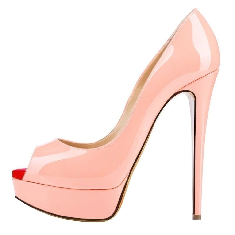 Women Pumps Sexy Platform Peep Toe 14cm Extremely High Heels Woman Patent Leather Nighclub Red Wedding Shoes Gradient Stiletto