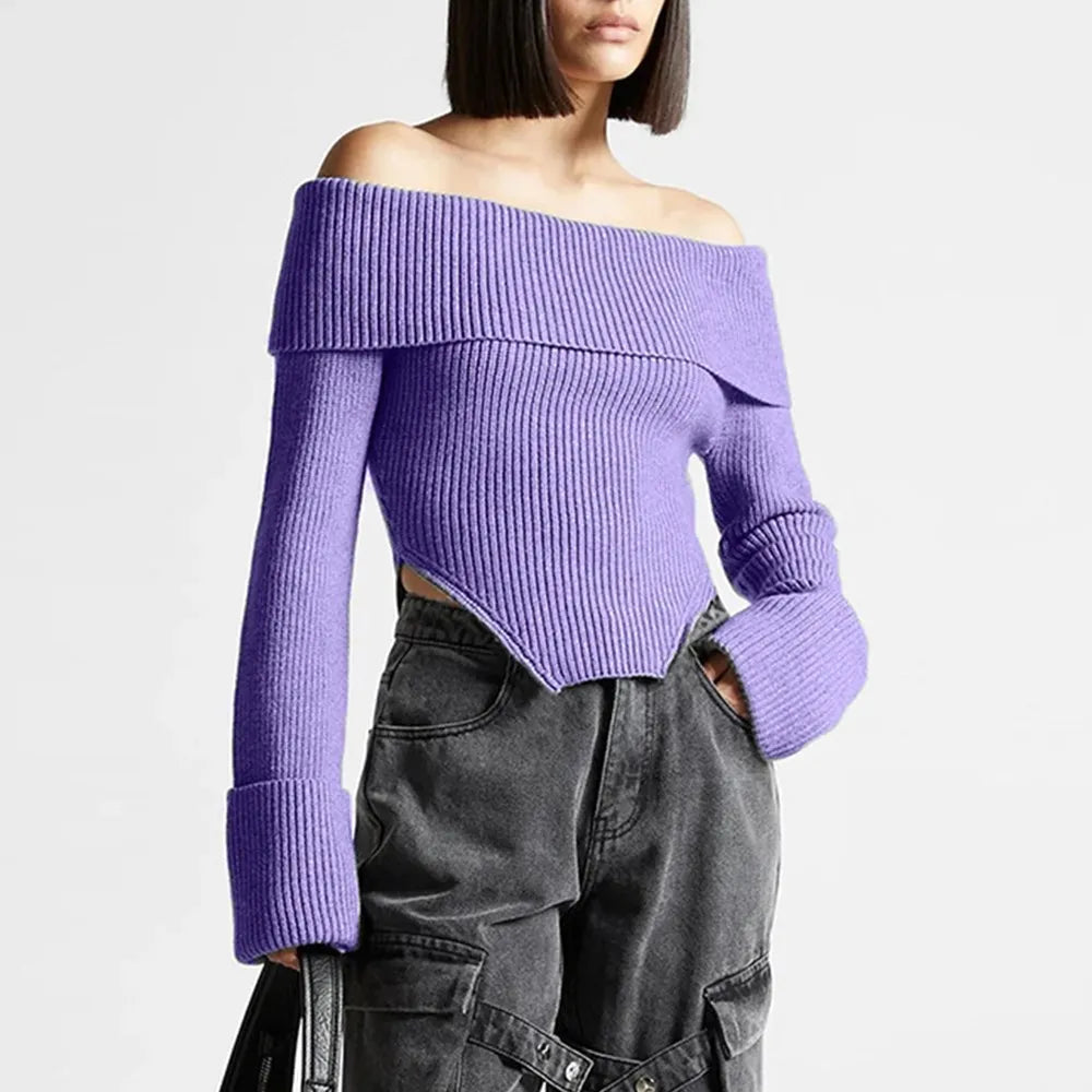 Solid Temperament Sweaters For Women Slash Neck Long Sleeve Tunic Irregular Minimalist Sweater Female Fashion Style PURPLE