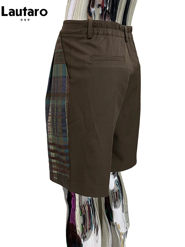 Lautaro Summer Autumn Loose Soft Thin Colorful Plaid Patchwork Shorts for Men Mens Knee Length Pants Luxury Designer Emo Clothes
