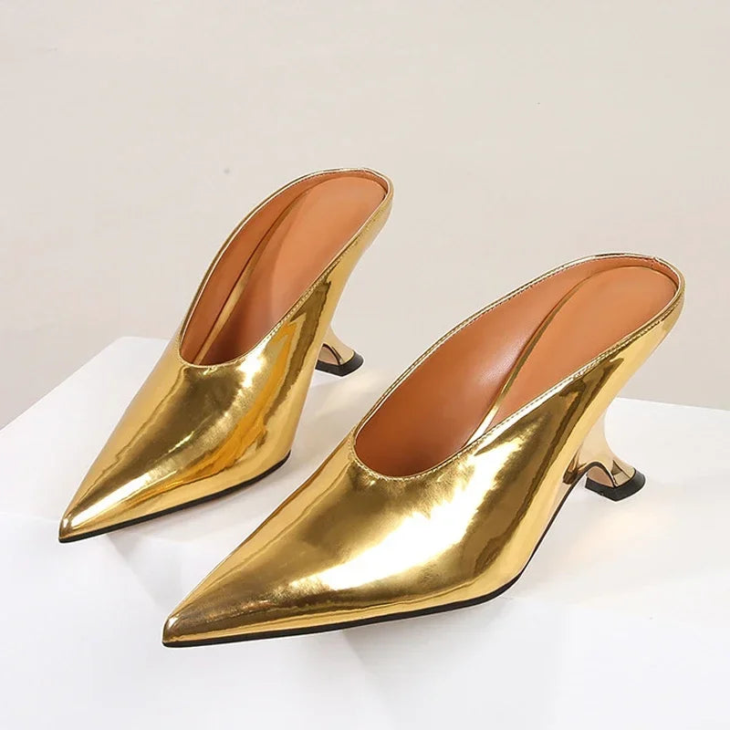 Eilyken Pointed Toe Women Slippers Shoes Designer Shallow Wedges High Heels Banquet Mule Zapatos De Mujer Gold