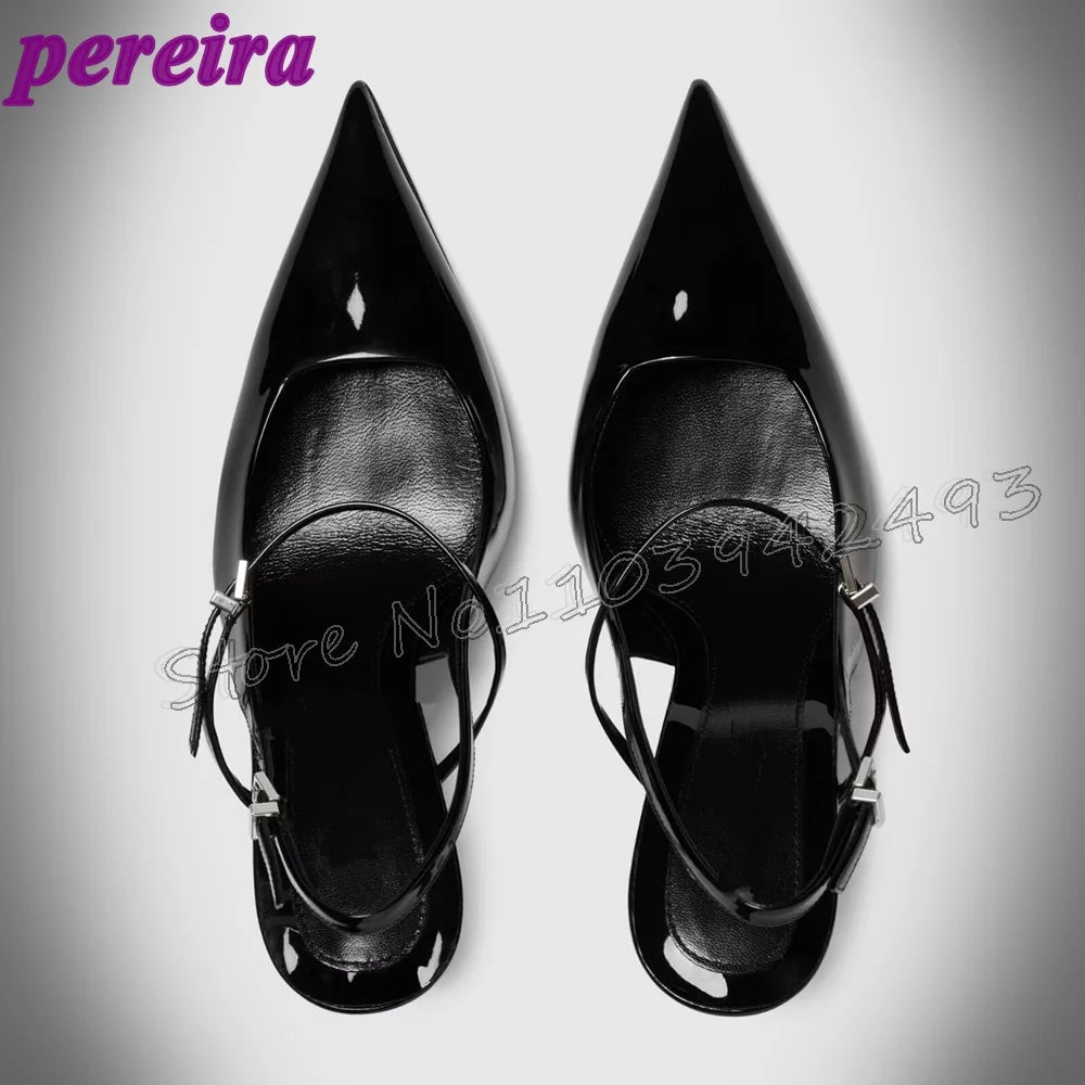 Black Patent Leather Pointed Toe Shiny Silver Heels Strappy Women's High Heels Sandals Stylish Outdoor Indoor Shoes New Summer