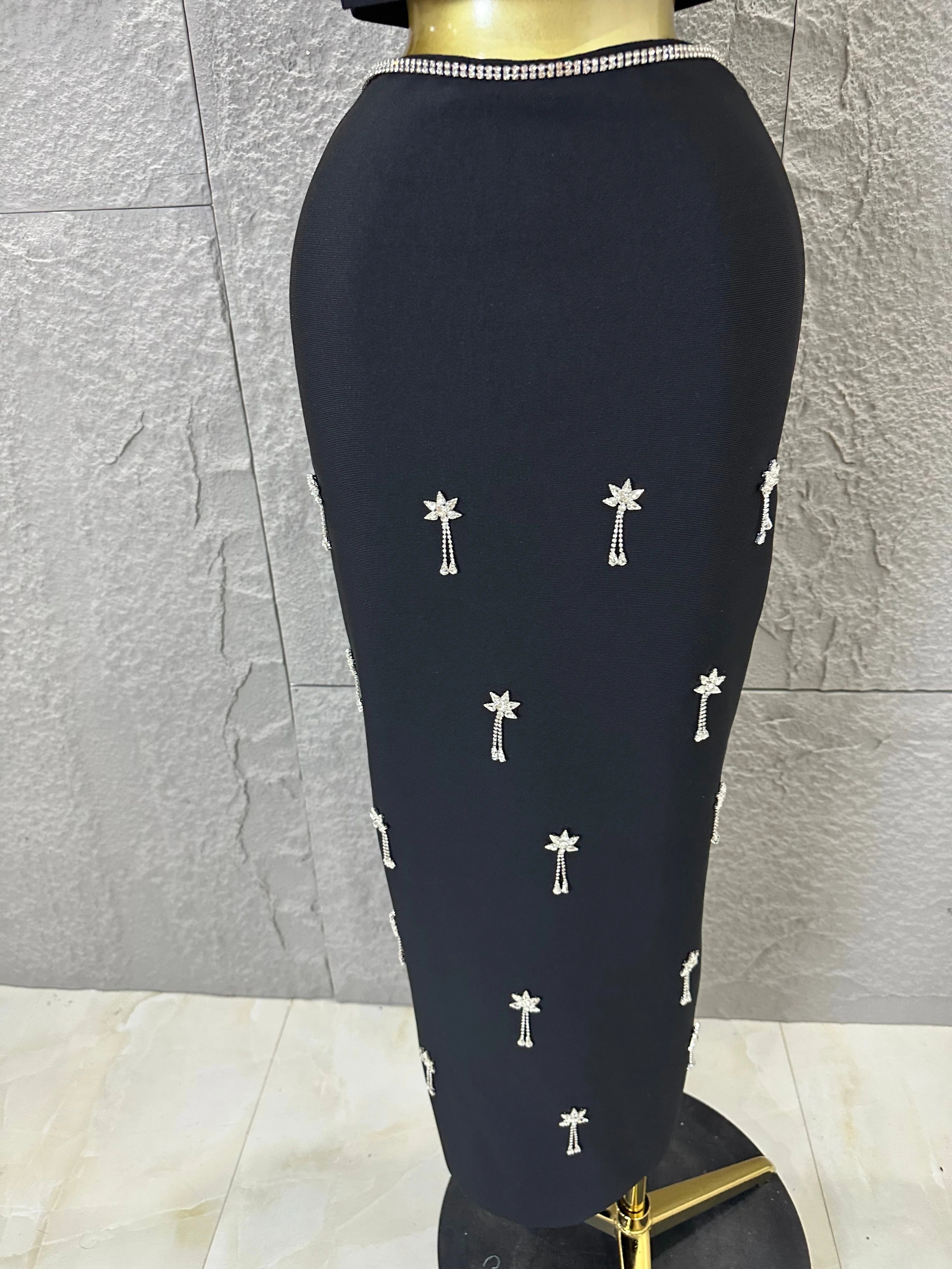 Black White Two Piece Set Women Elegant Short Sleeve Beaded Crop Top High Waist Pencil Midi Skirt Formal Suit