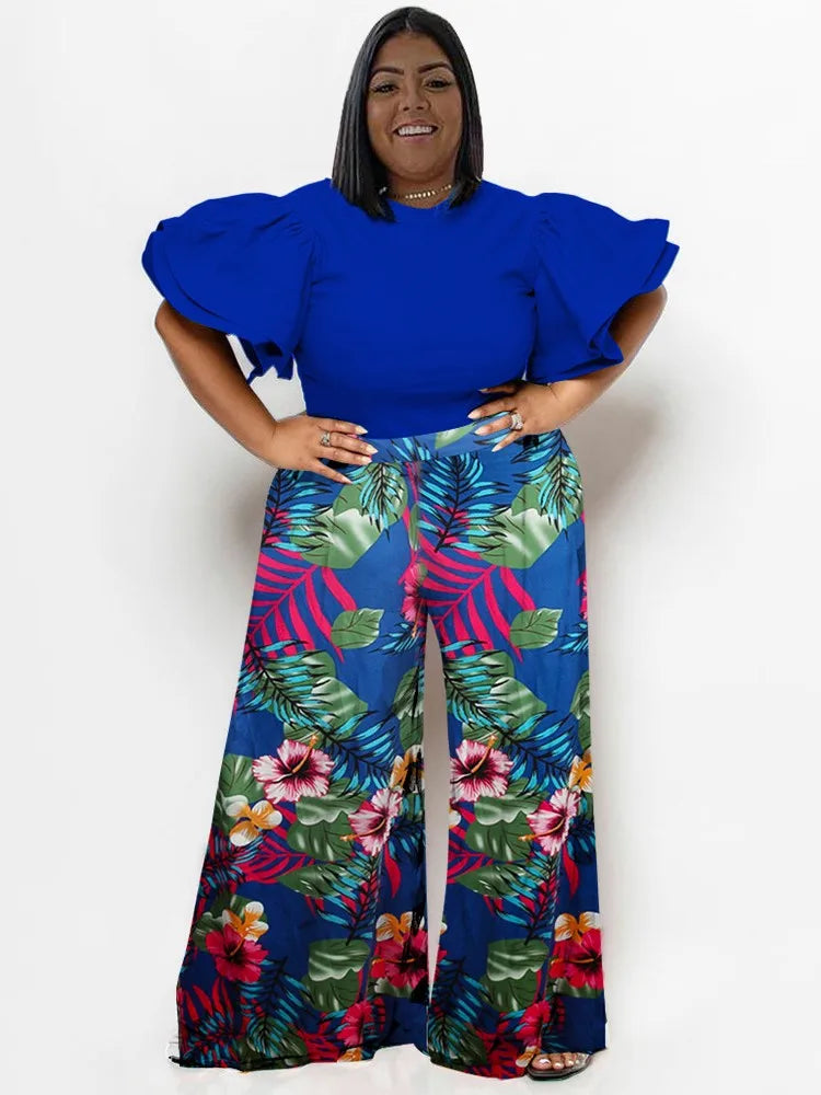 Plus Size Summer 2 Two Piece Set Women Ruffle Pleated Fashion Slim Ladies Blouses Floral Print Loose Pleated Woman Wide Leg Pant