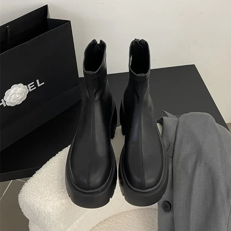 Winter Ankle Boots For Women Fashion Back Zippers Short Boots Female Elegant Platform Thick Bottom Women's Knight Botties black