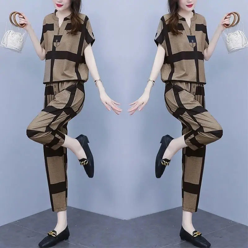 Women's Large Fashion Suit Spring Summer New Korean Casual Loose Plus Size Clothing Short Sleeve Tops Harun Pants Two Piece Sets