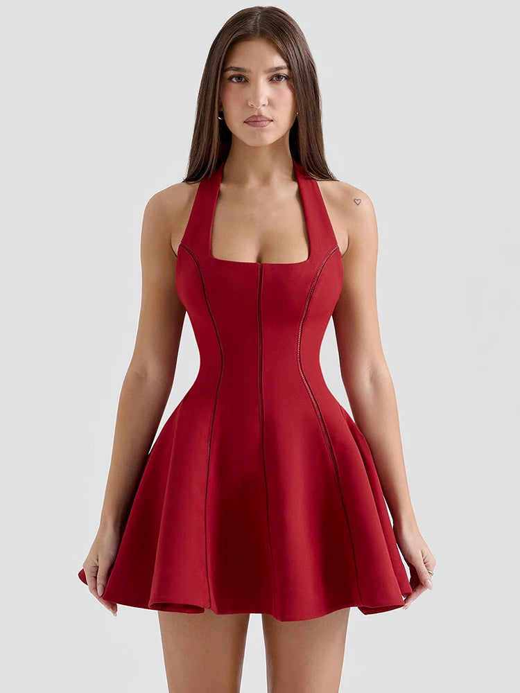 Halter Backless A-line Sexy Mini Dress For Women Robe Fashion Square Collar Sleeveless High Waist Pleated Dress Elegant