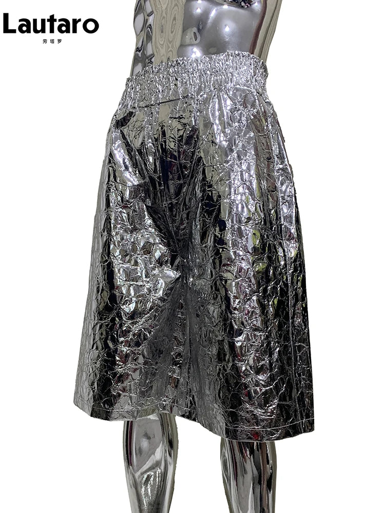 Lautaro Summer Autumn Shiny Silver Faux Leather Shorts for Men with High Elastic Waist Y2K Streetwear Emo European Clothes 2025