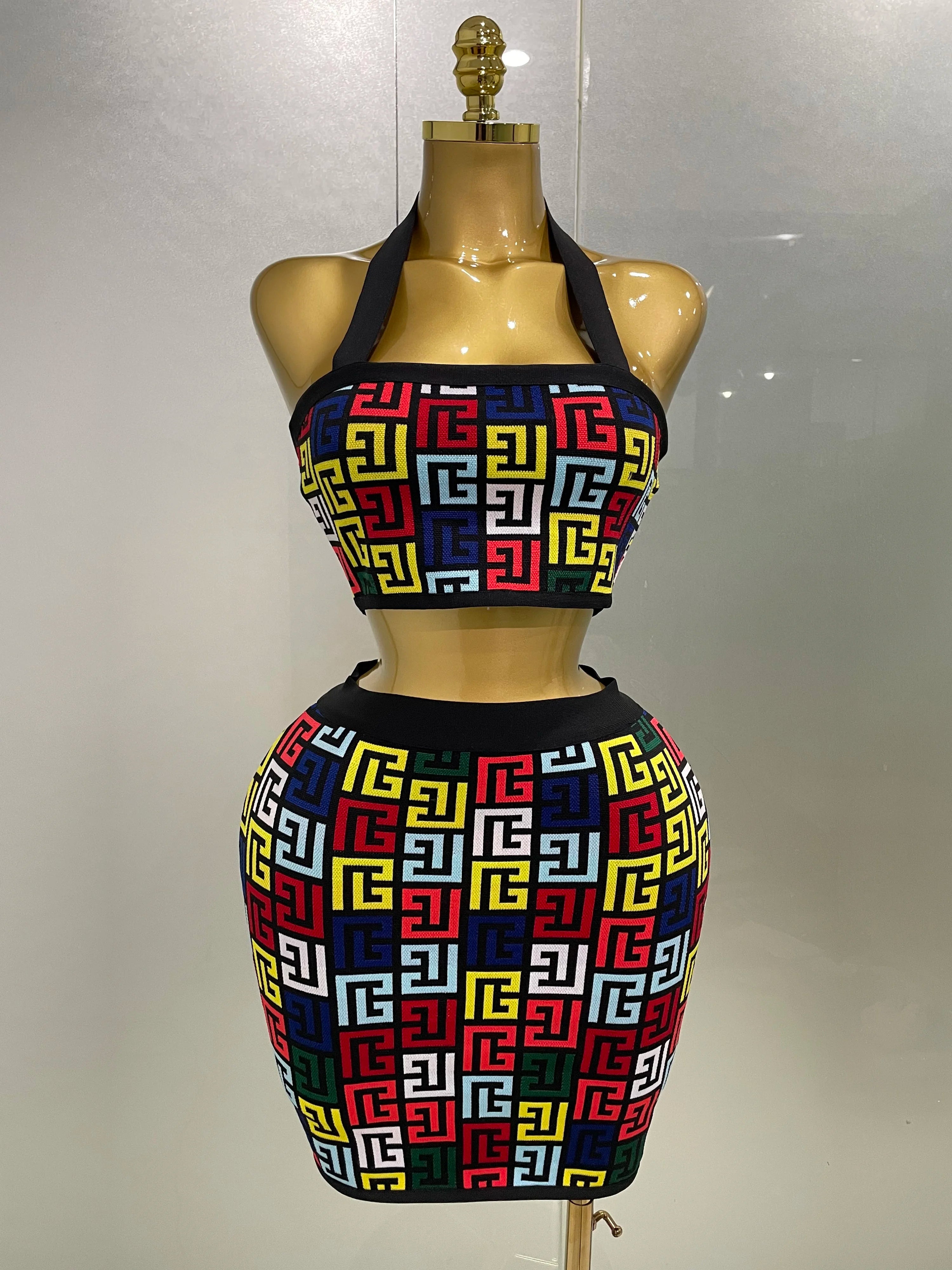 Women 2025 New Sexy Backless Halter Jacquard Two Piece Mini Skirt Bandage Set Celebrity Designer Evening Party Women's Set MULTI