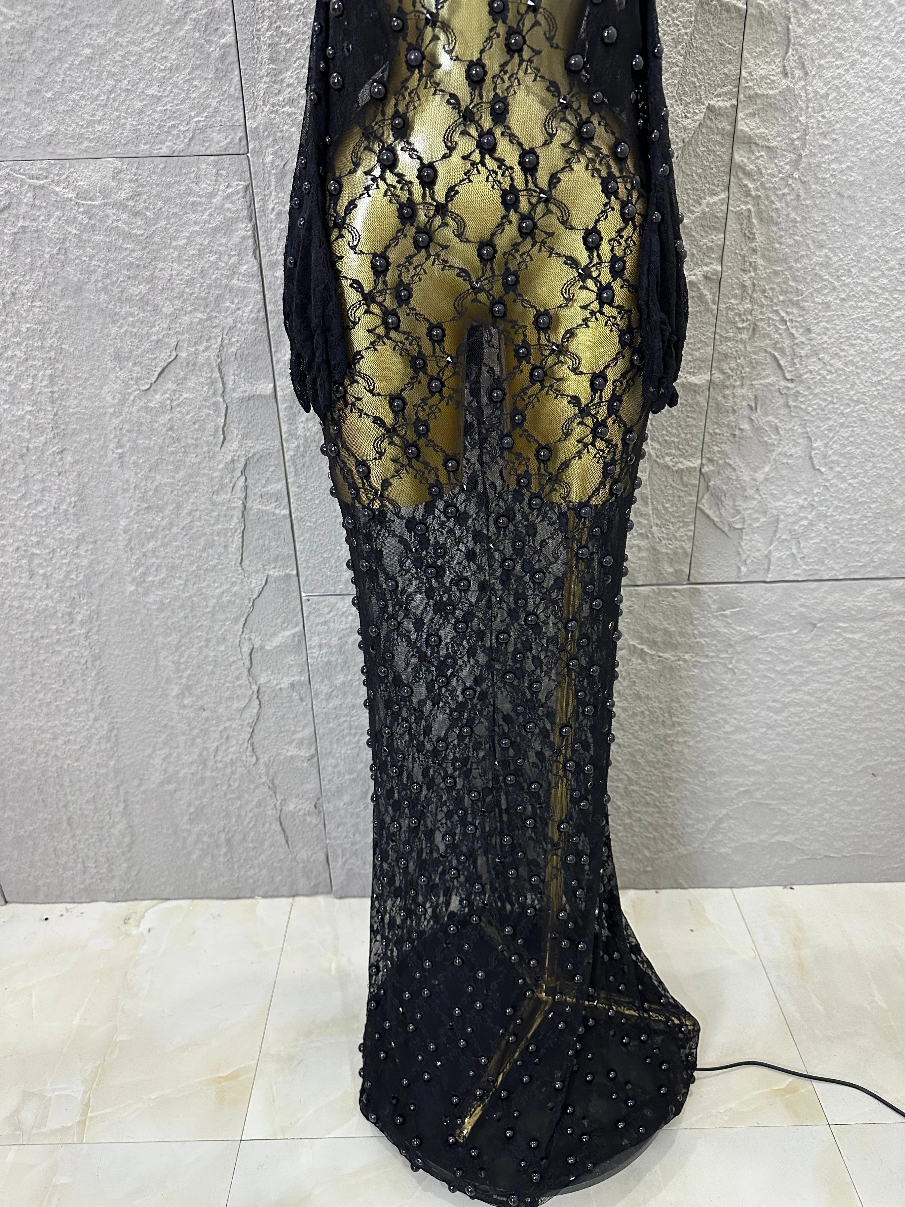 Black Opulent Halter Neck Maxi Sheer Mesh Beaded Lace Dress Form-Fitting Outfit Nightclub Party Evening Gala Costume