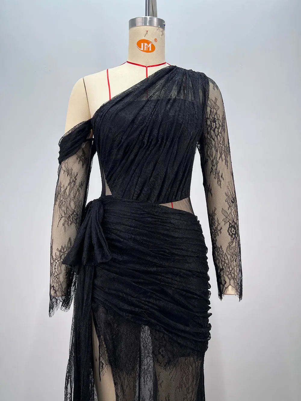 2025 Women's Light Luxury Lace Maxi Dress Diagonal Collar Lace Long Sleeve Bodycon Draped Split Sexy Long Dresses Party Vestidos