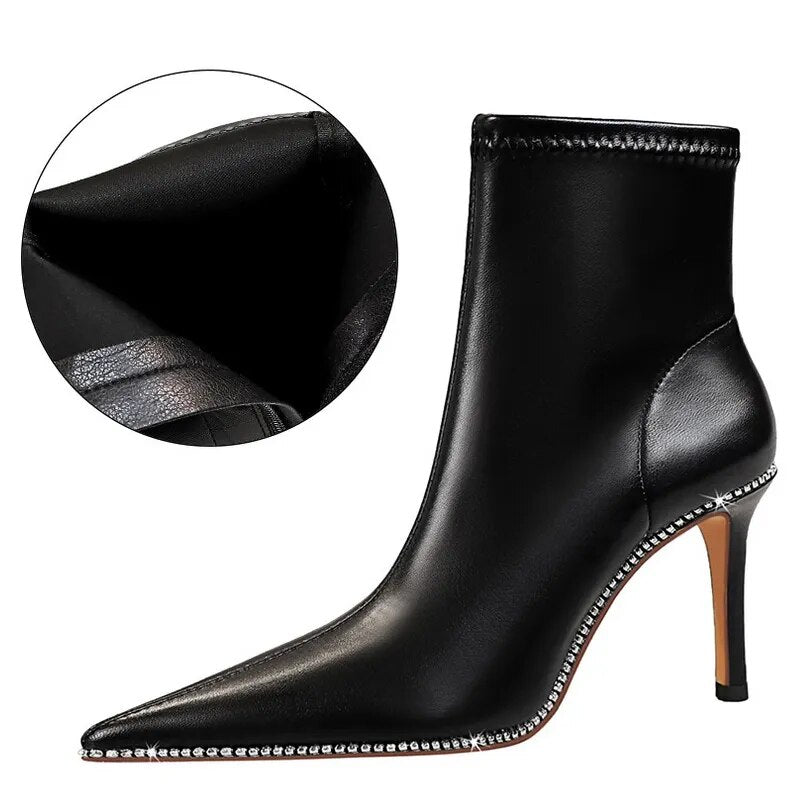 Shoes Leather Boots Women Ankle Boots Autumn Winter Boots Women High Heels Short Boots Ladies Booties Chaussures Femme 3-black7.5cm