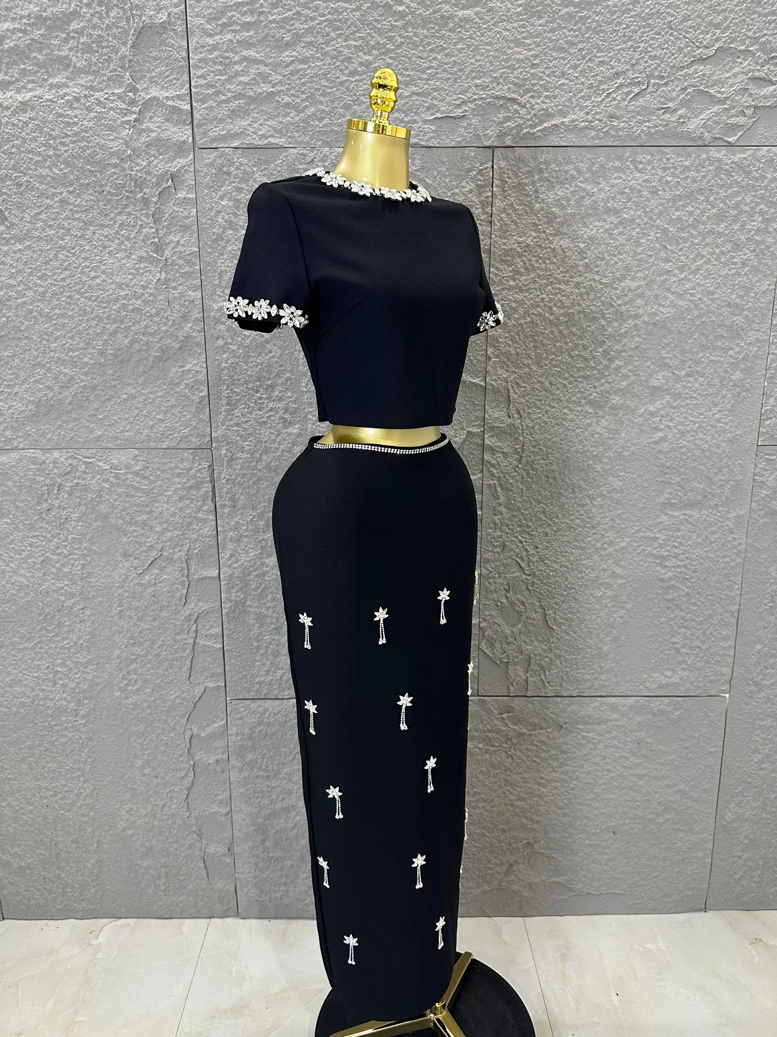 Black White Two Piece Set Women Elegant Short Sleeve Beaded Crop Top High Waist Pencil Midi Skirt Formal Suit