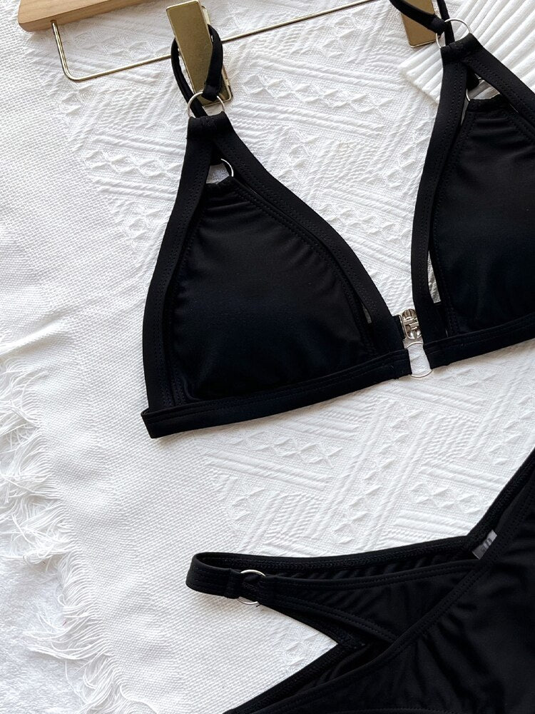 Sexy Solid Strapped Bikini High Cut Push UP Hollow Swimsuit - Swimwear Biquinis Backless Beach Bathing Suit