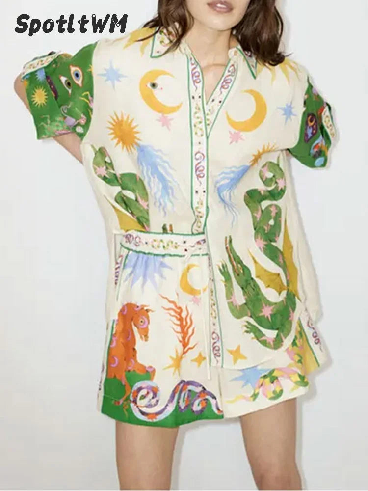 Women Fashion Printed Shorts 2 Piece Sets Causal Loose Lapel Single Breasted Shirts And Drawstring Short Suits Lady Beach Outfit