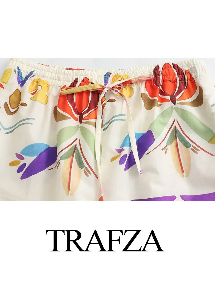 TRAFZA Women New Fashion Suit Print Turn-Down Collar Long Sleeves Buttons Single Breasted Shirts+Elastic Wais Wide Leg Pants