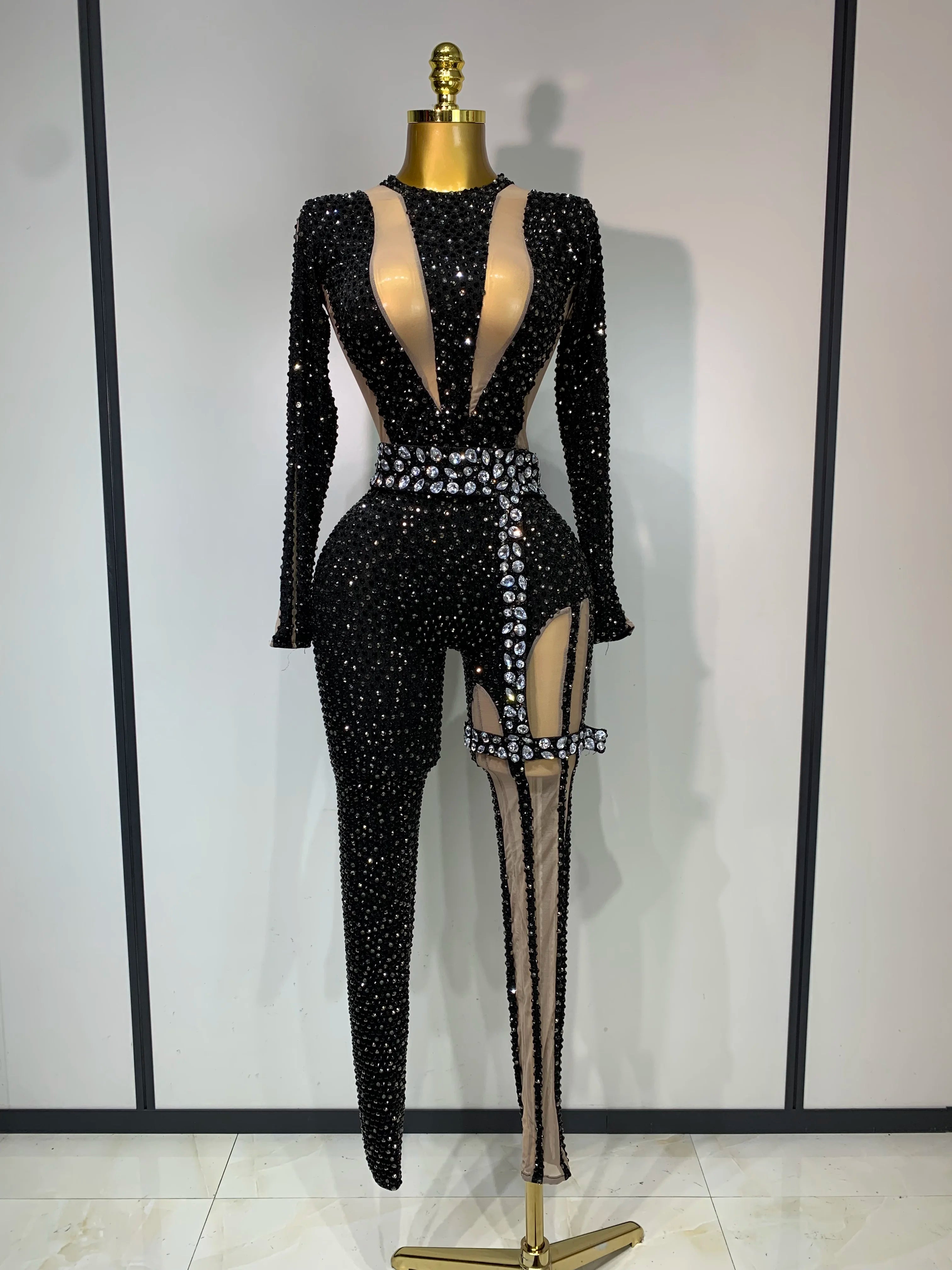 Sexy Sparkly Diamond Black Long Sleeves Bodycon Mesh Jumpsuit Evening Party Nightclub Bar Singer Performance Stage Costume black