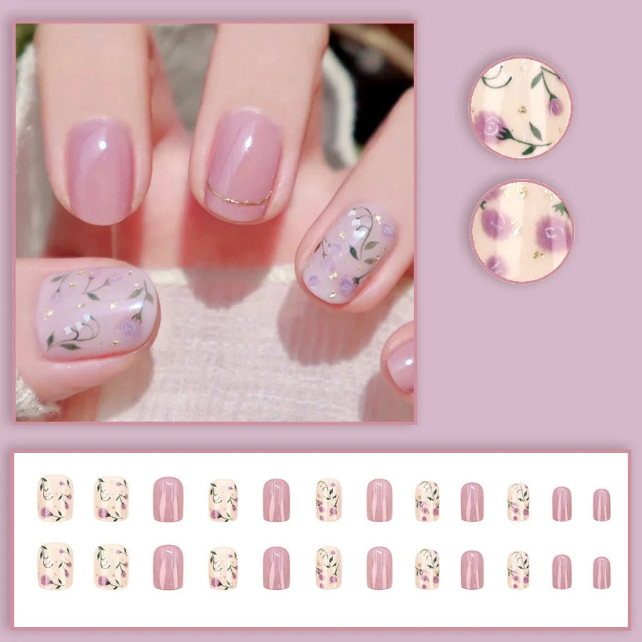 24pcs/set Short Medium fake nails for Spring summer beautiful colourful flowers bees faux ongles tips press on false nail art 2026
