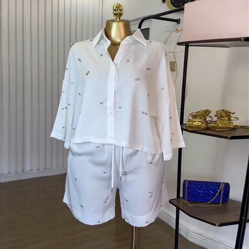 Beading Women's Set Long Sleeve Shirt and Shorts Suit 2025 Summer OL Fashion Two 2 Piece Sets Outfit Tracksuit White