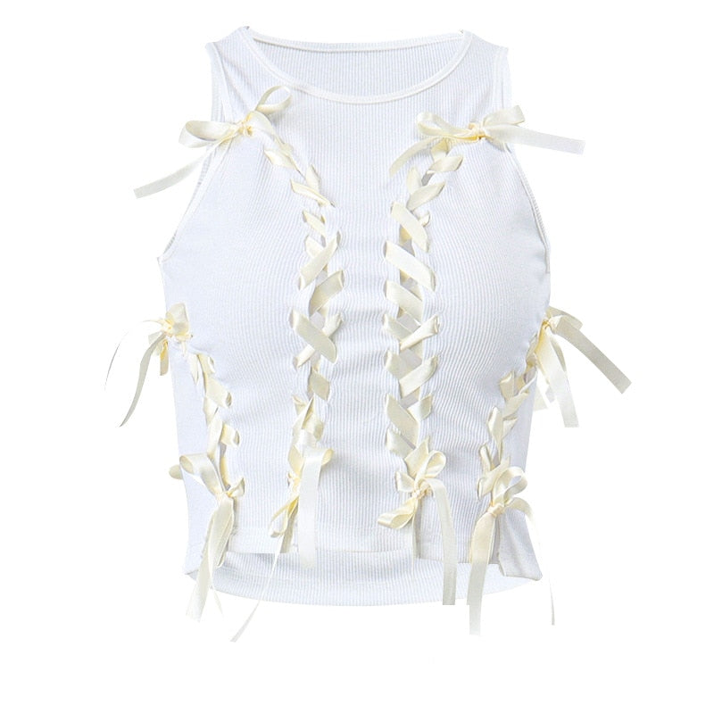 PixieKiki Y2k Fairy Aesthetic Bow Lace Up Hollow Out Ribbed Crop Tops White Summer Sexy Tank Top for Women Summer 2024 P33-BC10