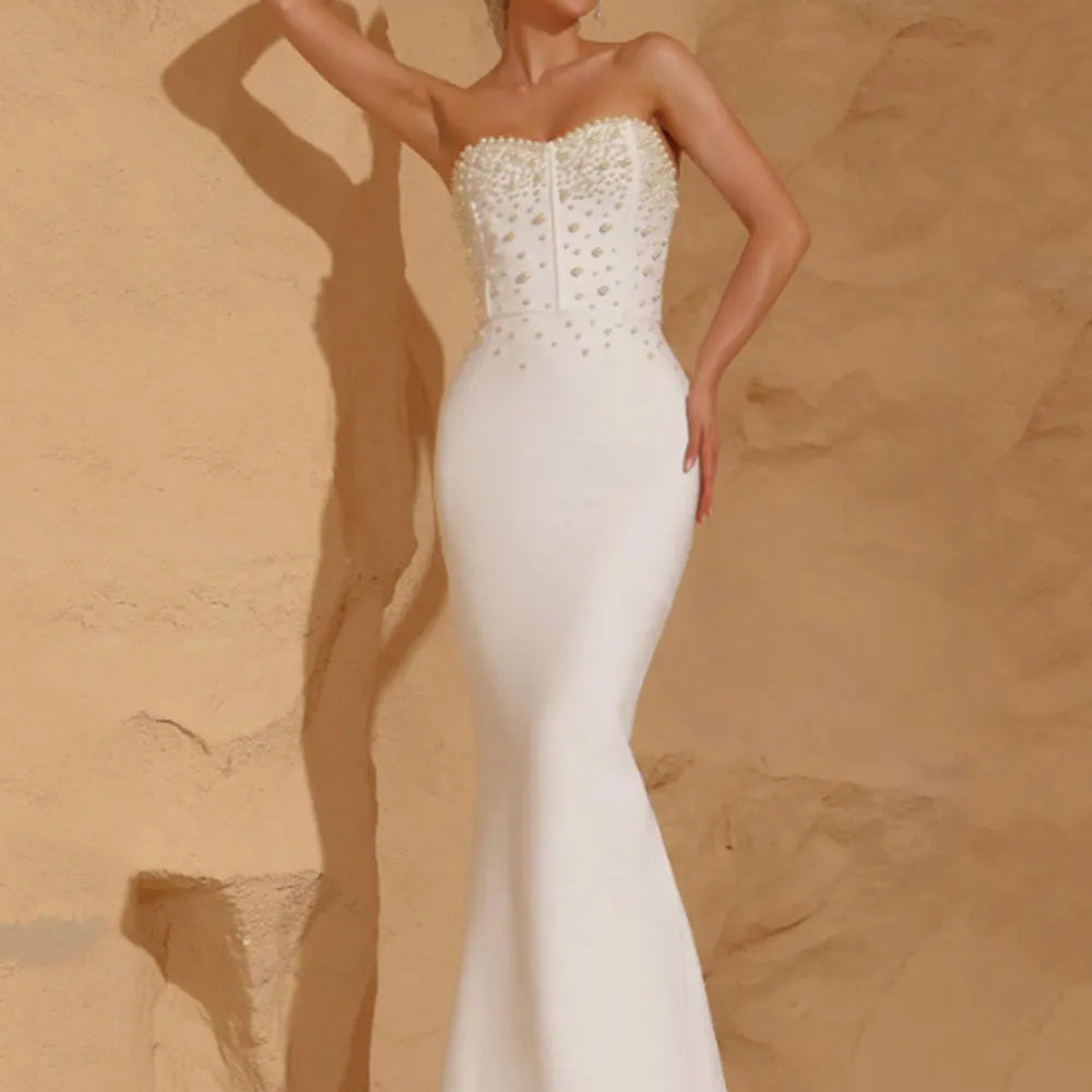 2025 Sexy Women'S Light Luxury Pearl Design Fish Tail Bandage Dress Strapless Sleeveless Bodycon Backless Long Dresses Vestidos
