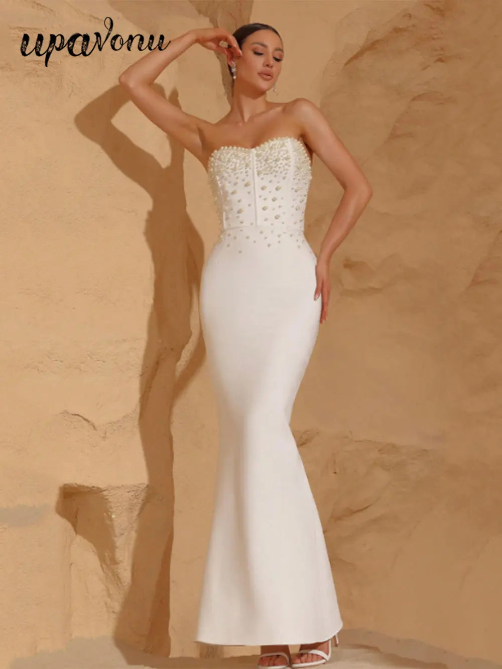 2025 Sexy Women'S Light Luxury Pearl Design Fish Tail Bandage Dress Strapless Sleeveless Bodycon Backless Long Dresses Vestidos