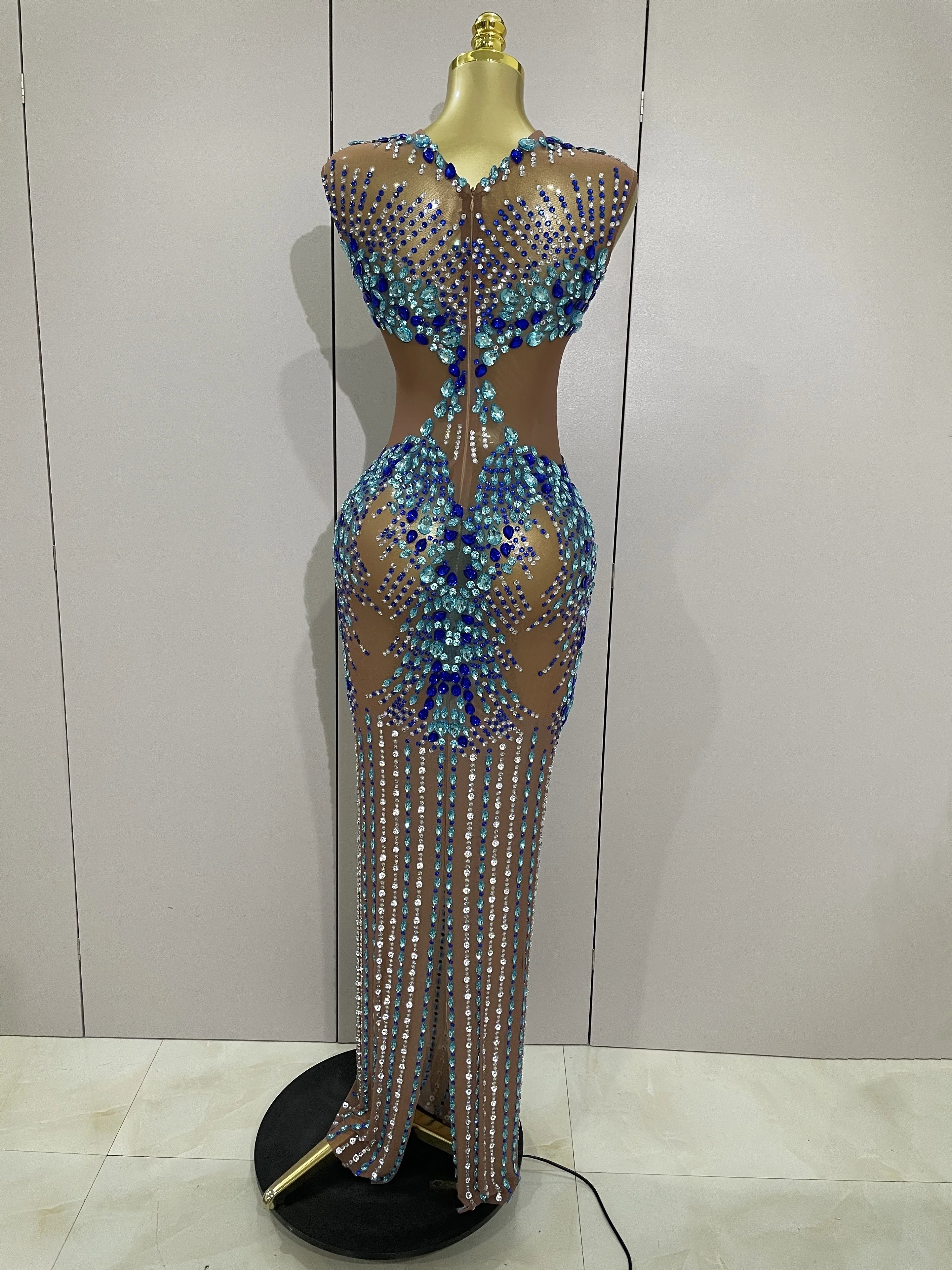 Luxury Sparkly Rhinestones Nude Sexy Mesh Maxi Dress 2025Women Evening Birthday Party Elegant Gown Show Red carpet Stage Costume