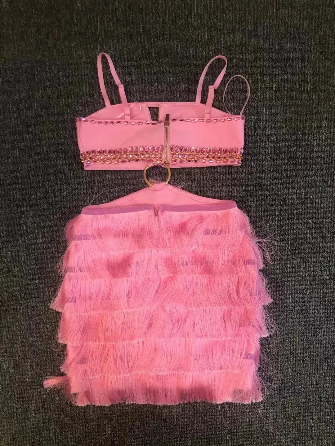 STOCK Stylish Tassel Sexy Hollow Out Spaghetti Strap Mini EvenDress Summer Holiday Vocation Vestido Music festival Outfit Pink