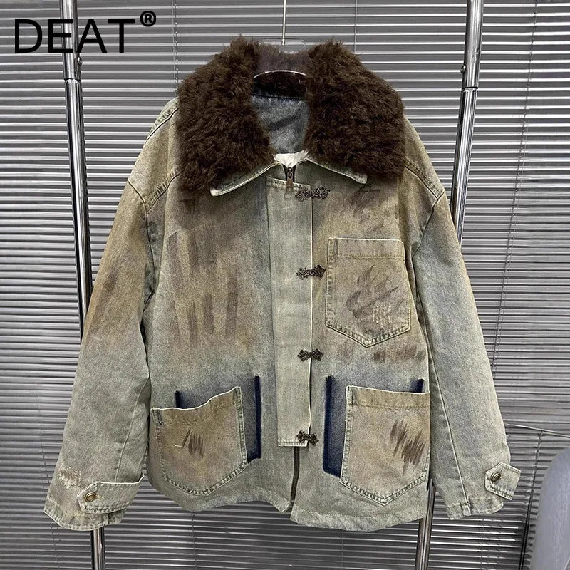 Autumn Winter New Casual Distressed Mid-Length Hook Large Fur Collar Dirty Look Denim Jacket For Women 11A07908