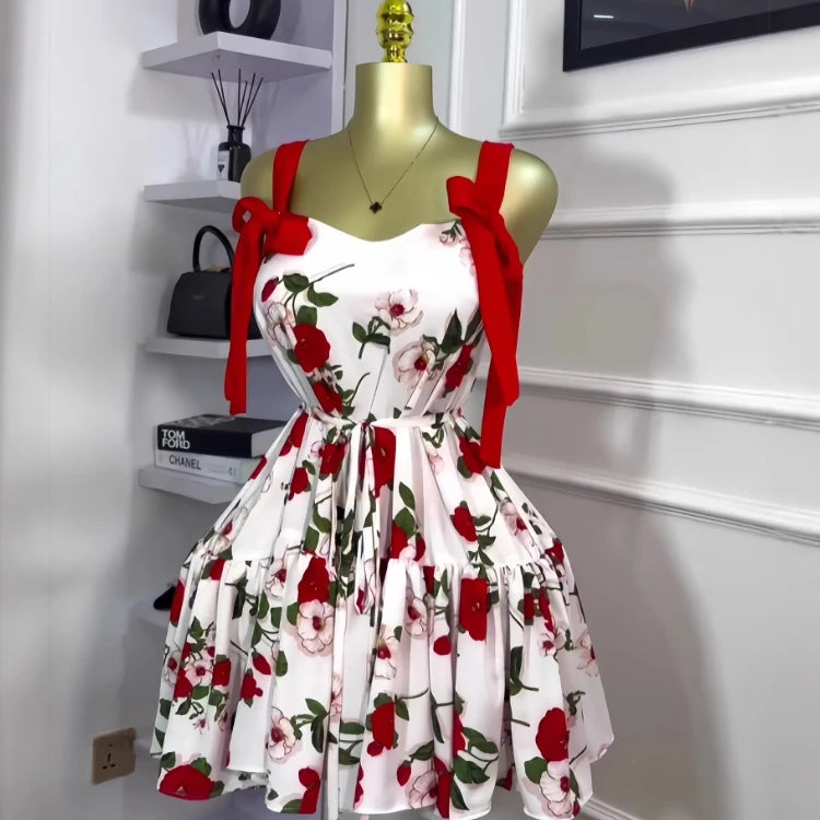 Women Floral Printed Flare Sleeveless Bow Strap Belt Mini Dress 2025 Evening Sexy Beach Party Birthday Street Dresses
