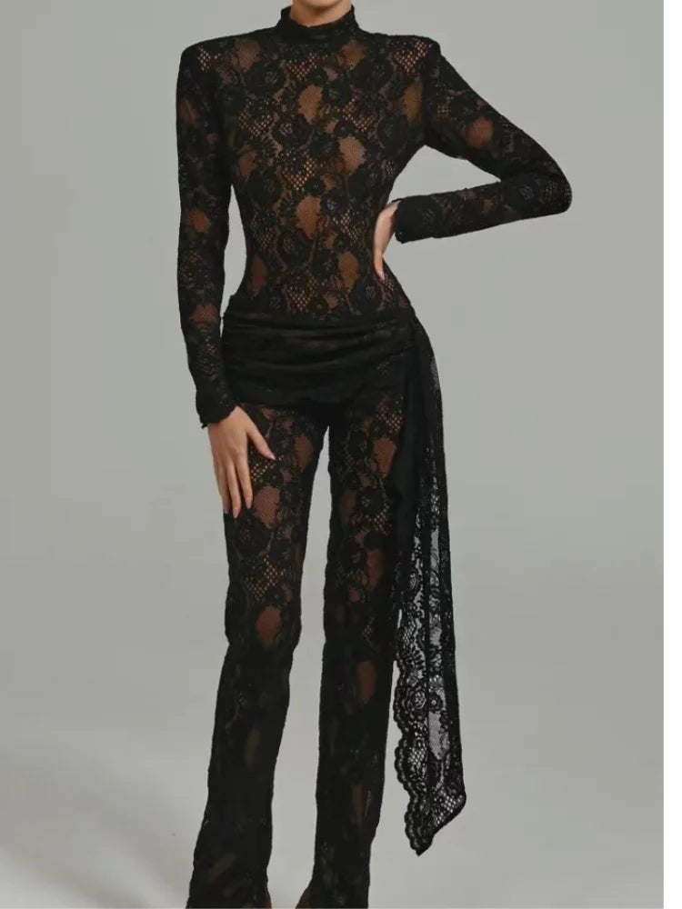 Black White Color Women Long Sleeve Sexy Lace Bodycon Jumpsuit Draped Celebrate Nightclub Party Bar Singer Stage Wear