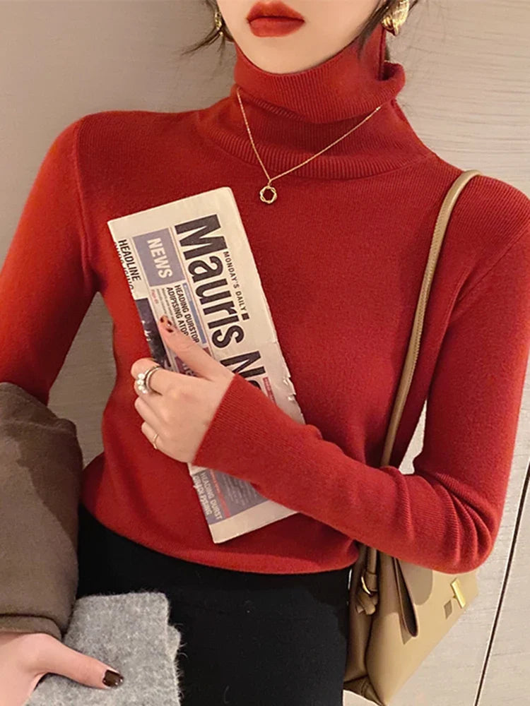 Women Turtleneck Sweaters Casual Soft Long Sleeve Pullovers Elastic Jumpers Knitwear Slim Basic Sweater For Women Autumn Winter Red One Size