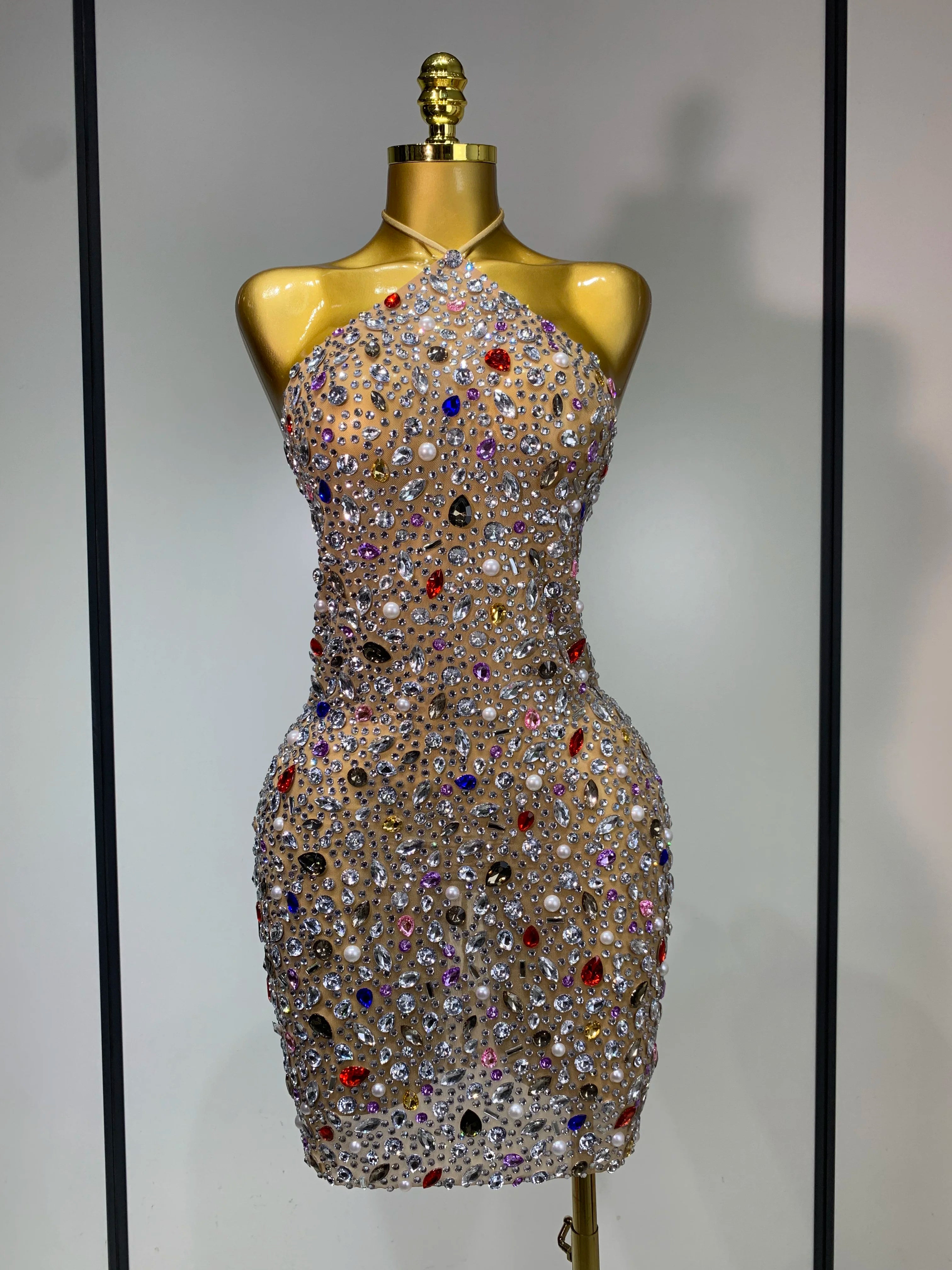 Colorful Crystals Diamond Women Sexy Halter Mesh See Through Bodycon Dress Nightclub Evening Party Celebrate Birthday Costume MULTI