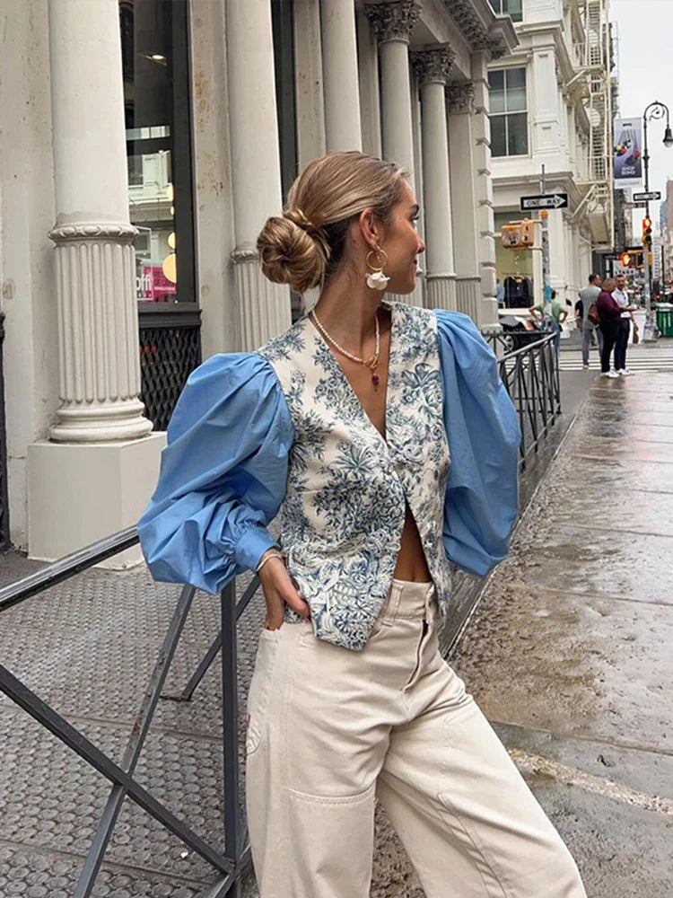 Fashion Print Lantern Sleeve Shirt Women Loose Buttons V-neck Split Female Top Summer Lady Patchwork Blue Streetwear