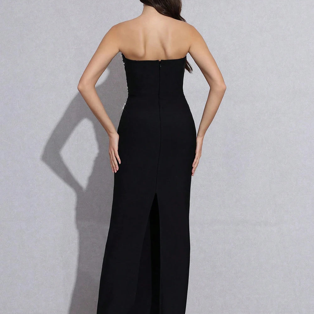 Sexy Strapless Diamond Sequin mesh Patchwork Bodycon Bandage Long Dress Women Fashion Celebrate Evening Party Gowns