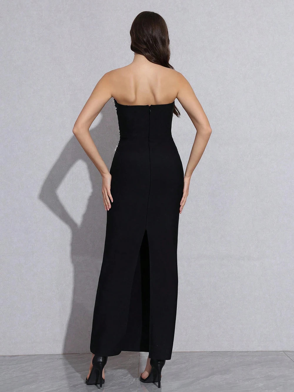 Sexy Strapless Diamond Sequin mesh Patchwork Bodycon Bandage Long Dress Women Fashion Celebrate Evening Party Gowns