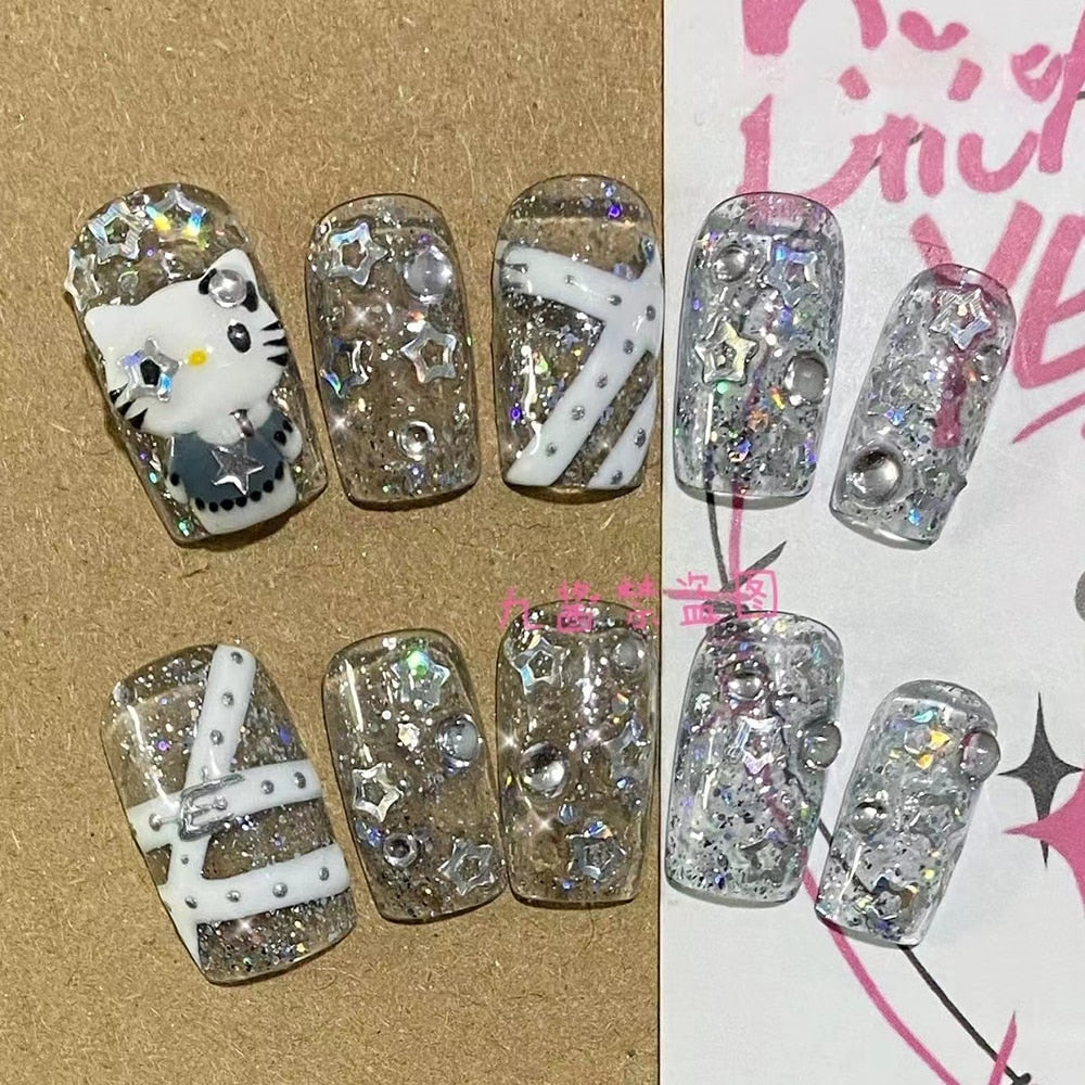Été plage voyage vacances Hello Kitty conque ongles fille bleu jeunesse travail manuel personnalisable faux ongles fille soeur cadeau